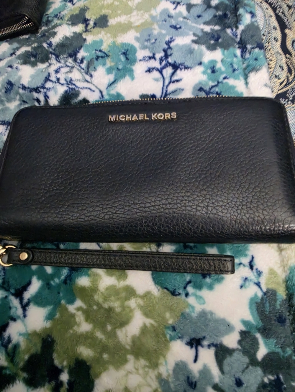Michael Kors Black Leather Zip Wristlet with Gold Logo
